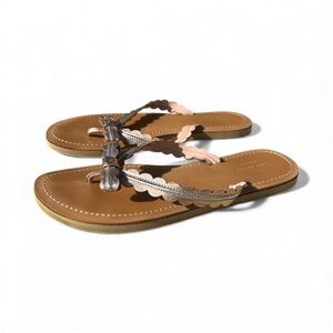 KATE SPADE Flip Flops Tan, Rose Gold Straps, Silver Piping, Yellow Gold Hardware